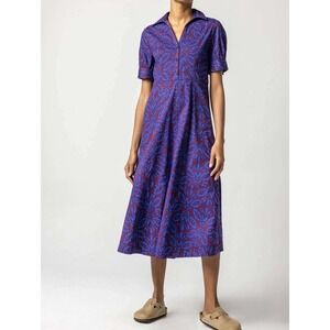 Lilla P Printed Poplin Collared Maxi Dress Cobalt Motif Small